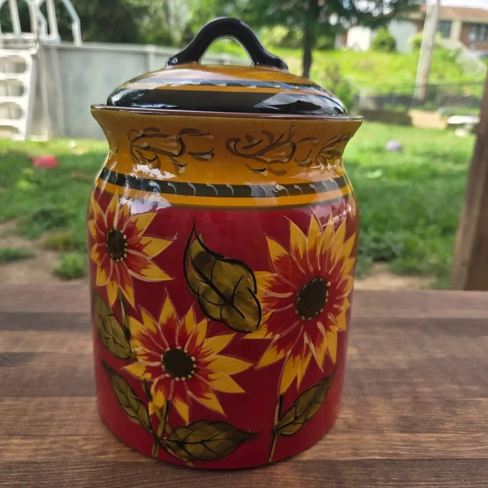 Pier 1 Imports Sunflower Lidded Canister NWT Hand Painted Terracotta